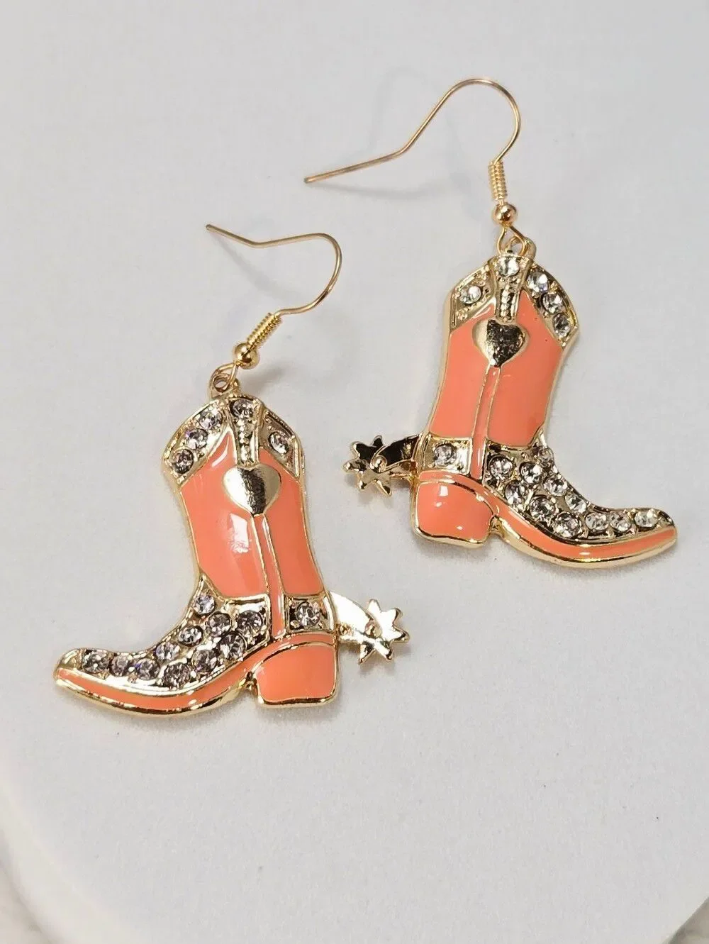 Tangerine Cowboy Boot Earrings Rhinestone Western Cowgirl Jewelry Rodeo Glam